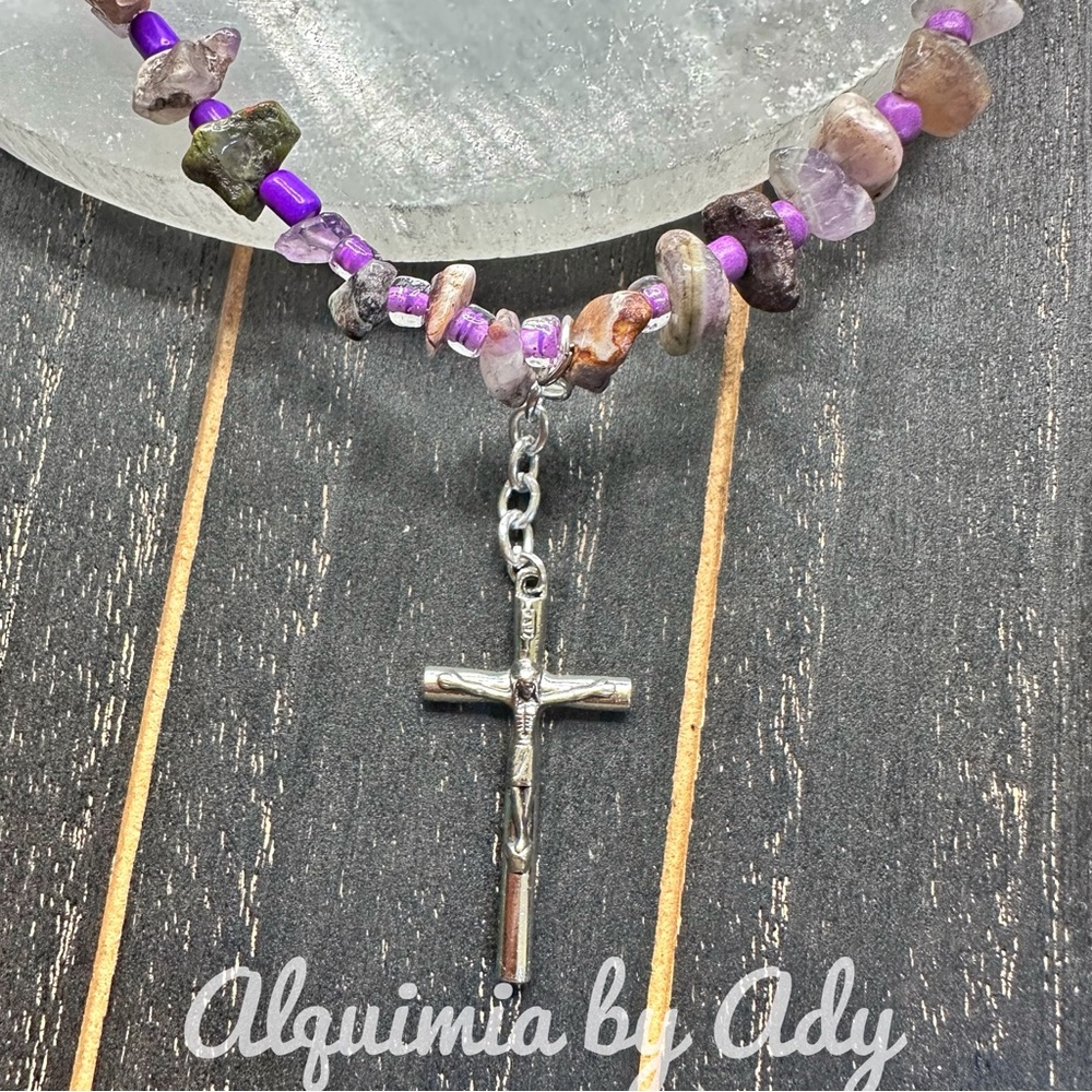 Amethyst puka Vintage cross charm short surfer necklace - Picture 6 of 7